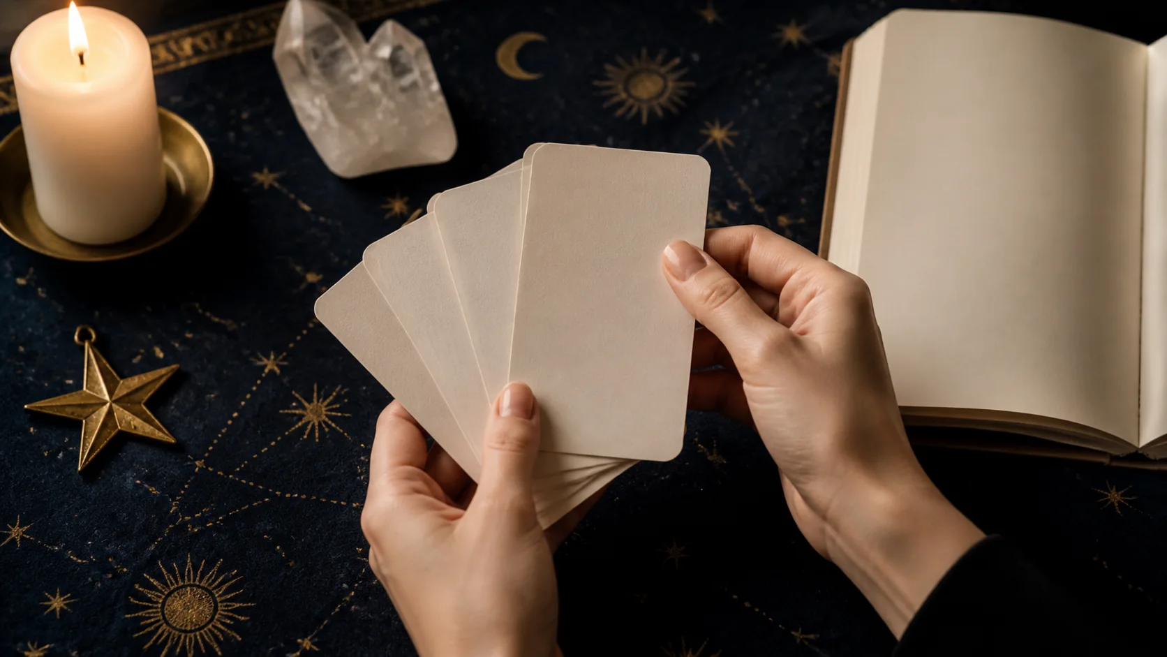 Main choisissant une carte symbolique parmi des cartes vierges sur un bureau céleste