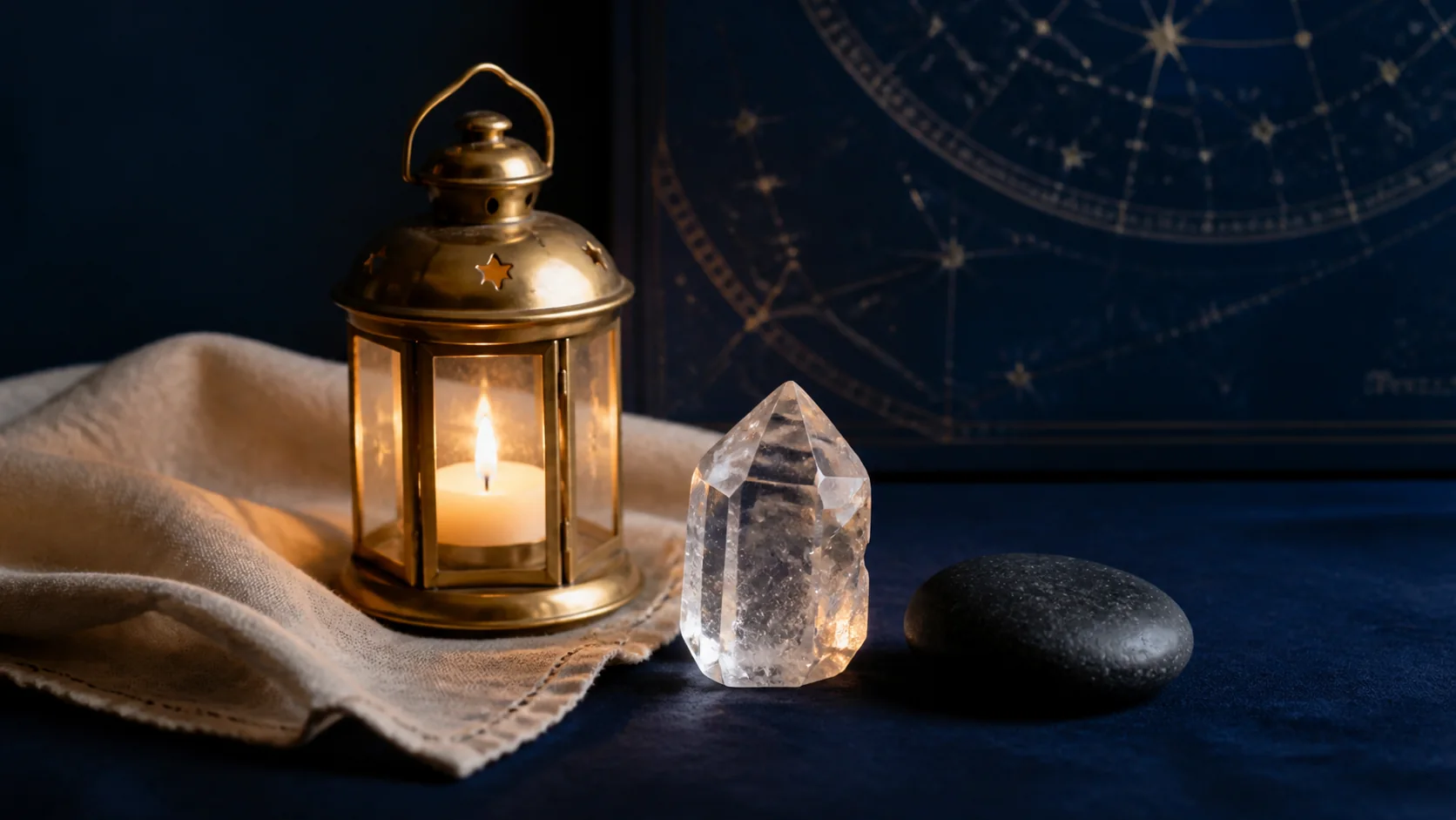 Lanterne en laiton, bougie, quartz et pierre sombre pour une intention de protection