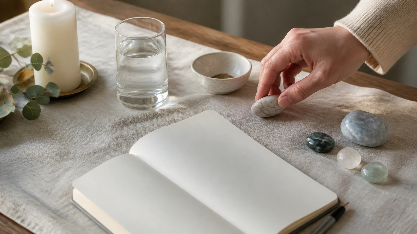 Main déposant une pierre claire près d’un carnet et d’une branche sur un autel minimaliste