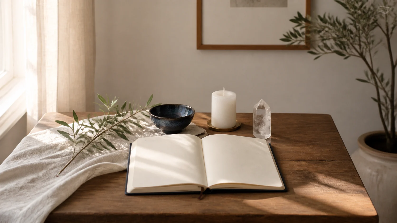 Autel de clarté avec carnet ouvert, pierre claire, branche fine et bougie éteinte sur une table en bois