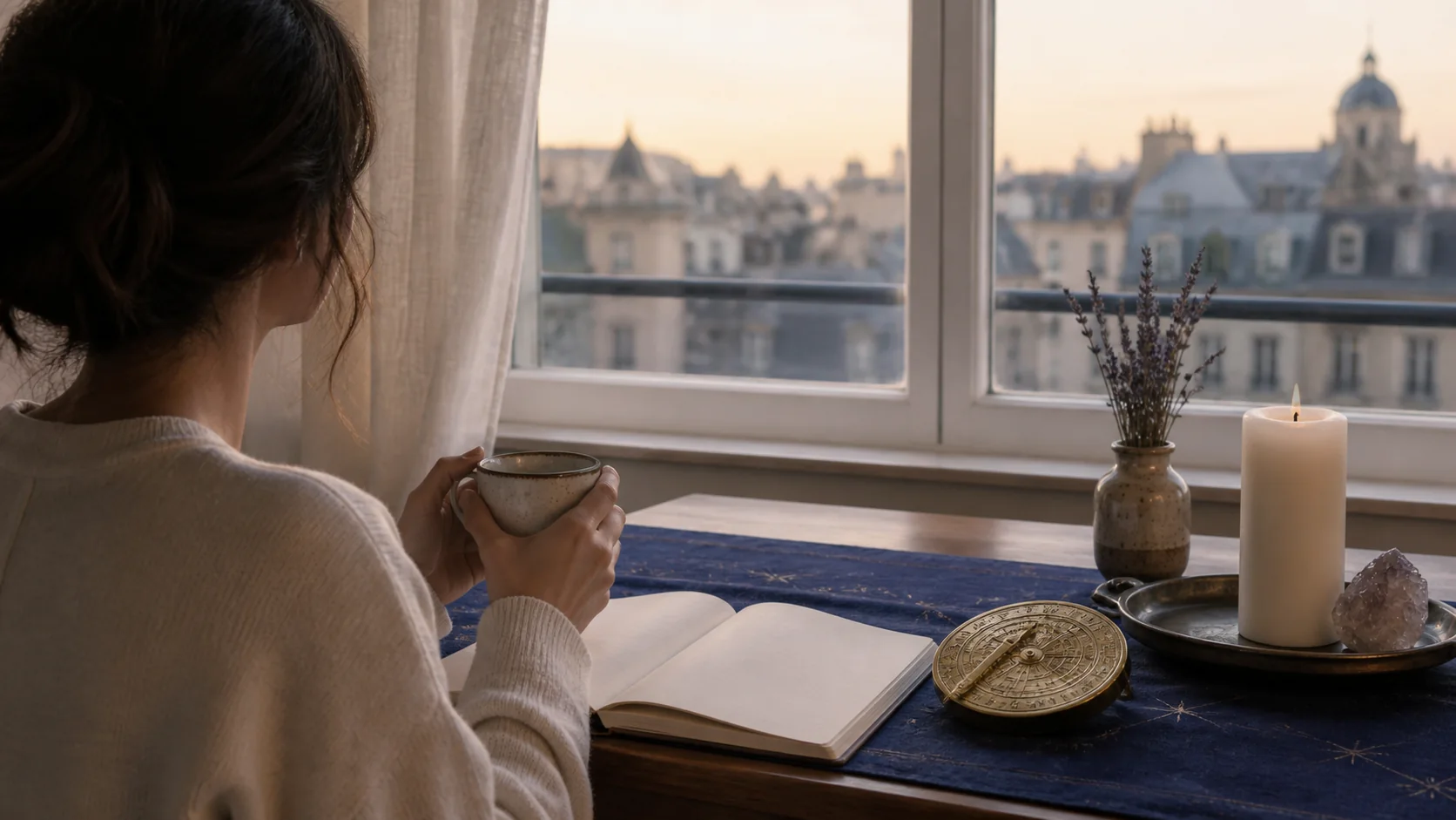 Personne devant une fenêtre avec un carnet et une lumière douce du matin