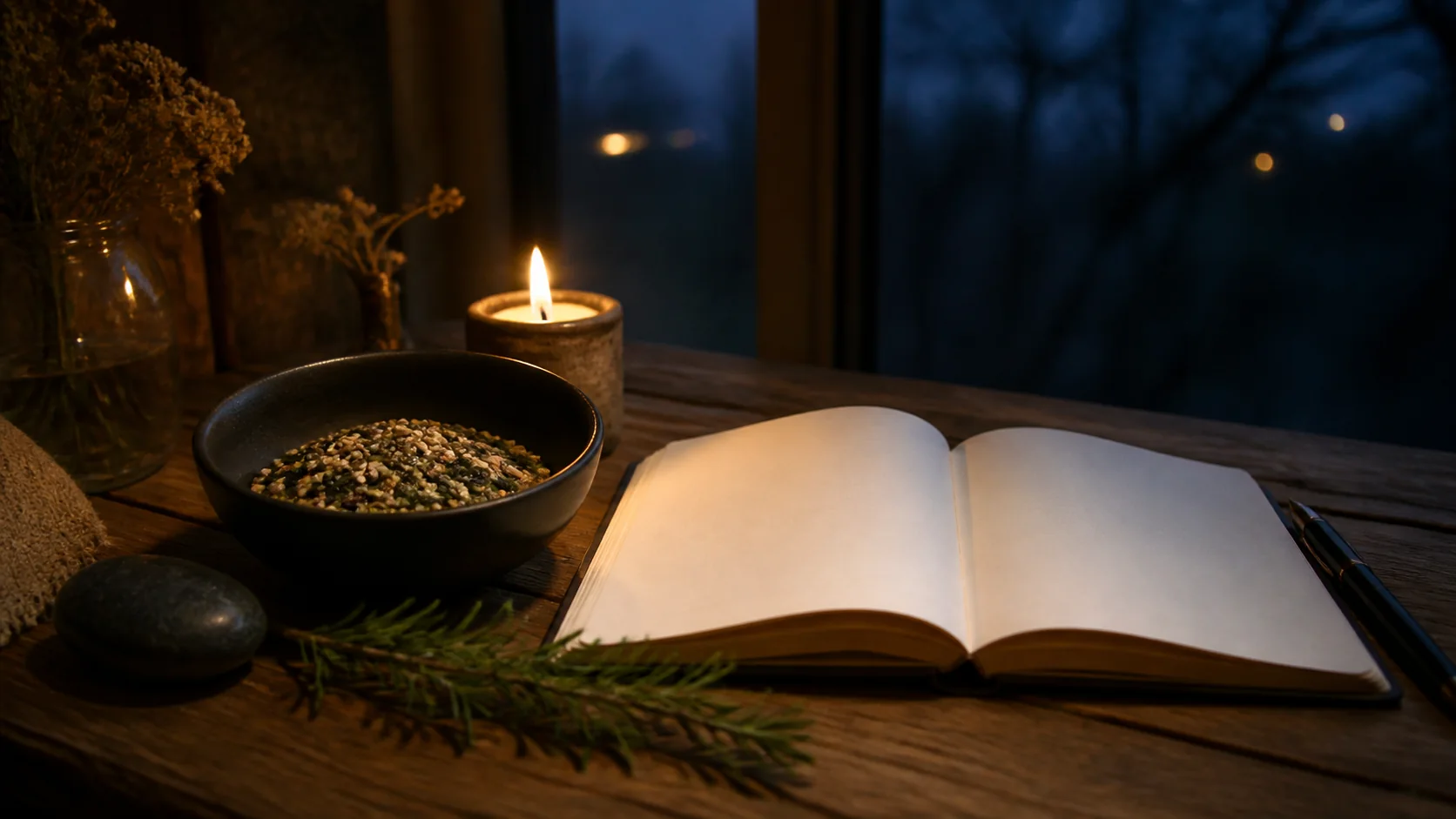 Carnet, graines, bougie et pierre sombre pour un rituel de nouvelle lune