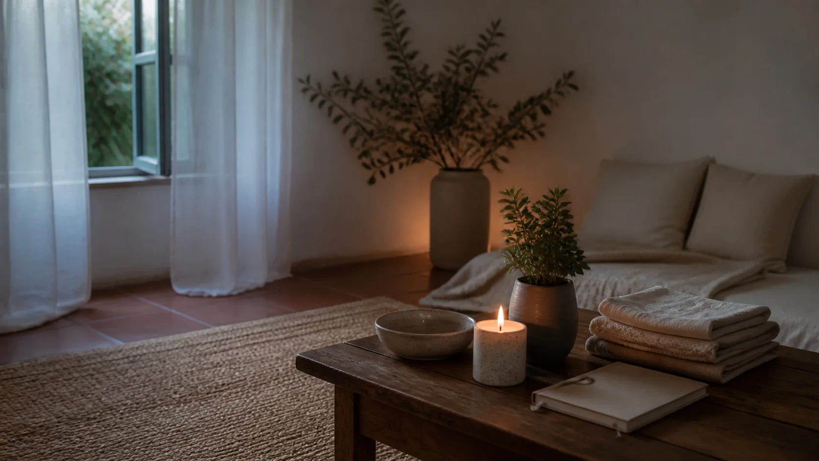 Pièce calme avec carnet, plante, bol et bougie après un rituel lunaire