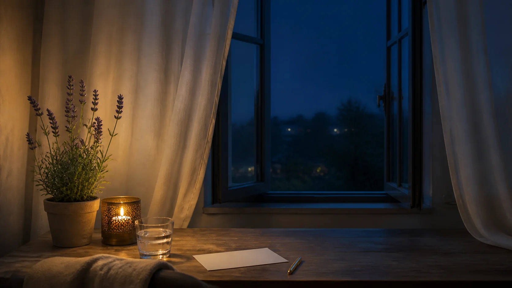 Fenêtre ouverte la nuit, plante, verre d’eau et carnet d’intention