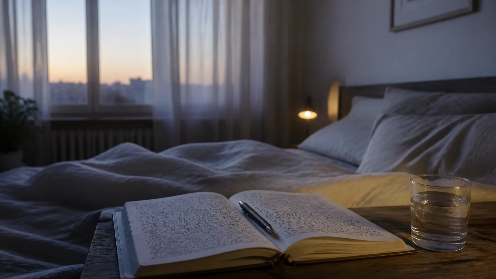 Carnet de rêves ouvert avec un stylo près d’un lit au lever du jour