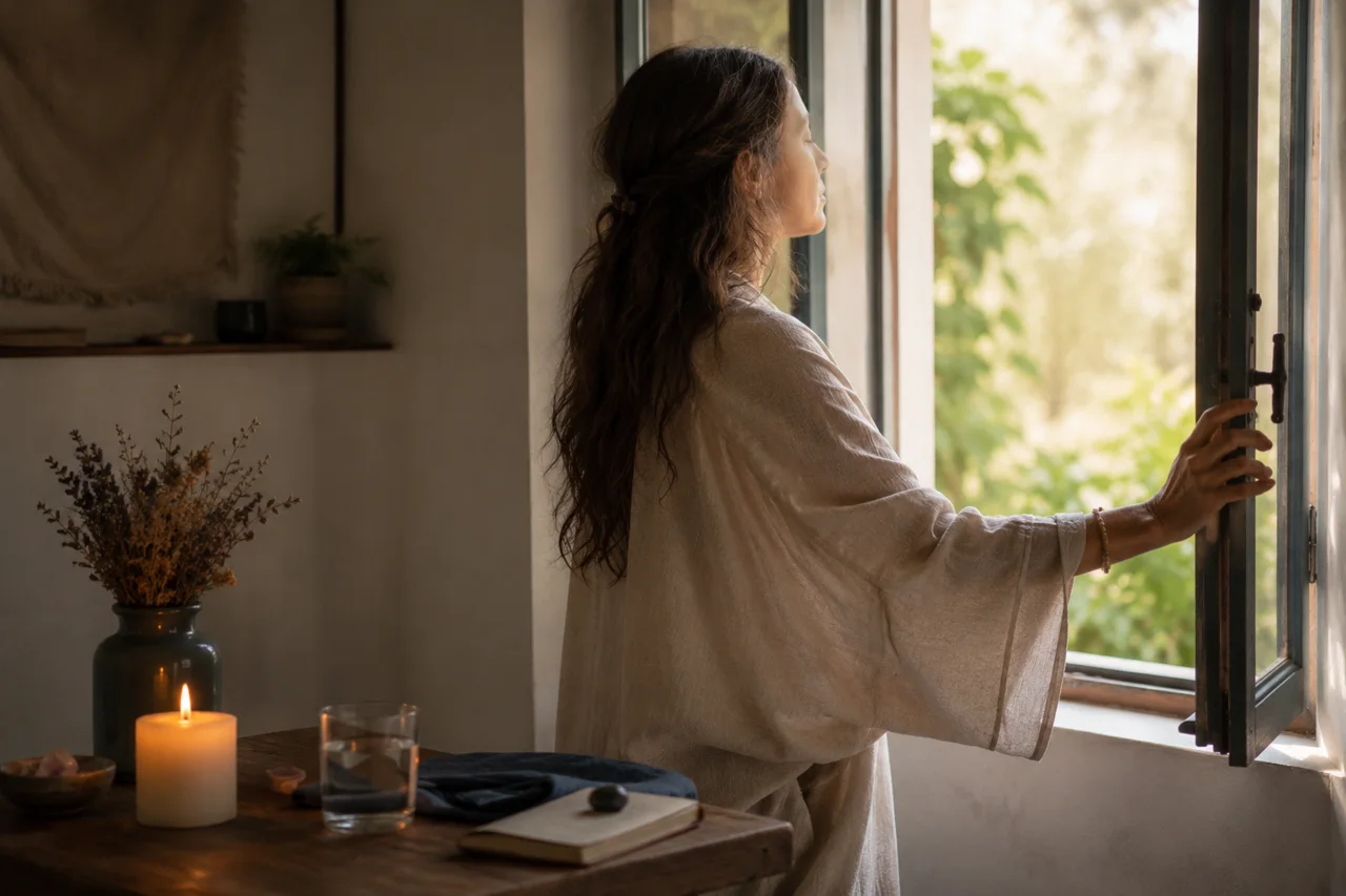 Aérer une pièce après un rituel avec une fenêtre ouverte et une bougie éteinte