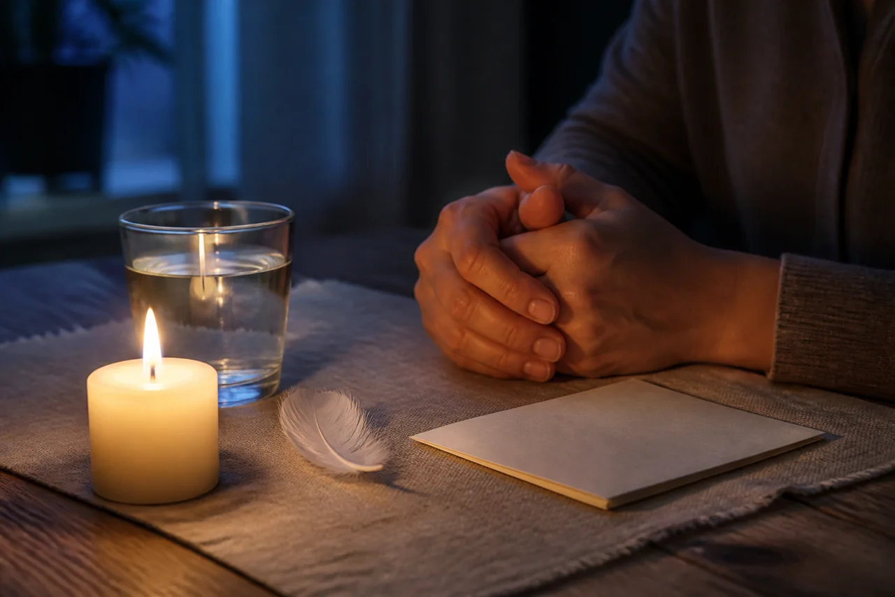 Prier avec calme lors d&rsquo;un rituel d&rsquo;invocation de l&rsquo;ange gardien