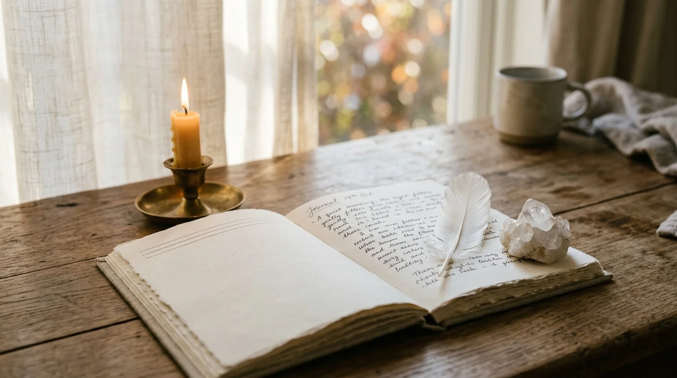 Journal intime ouvert, bougie allumée, pierre de cristal et plume blanche posée sur une table en bois