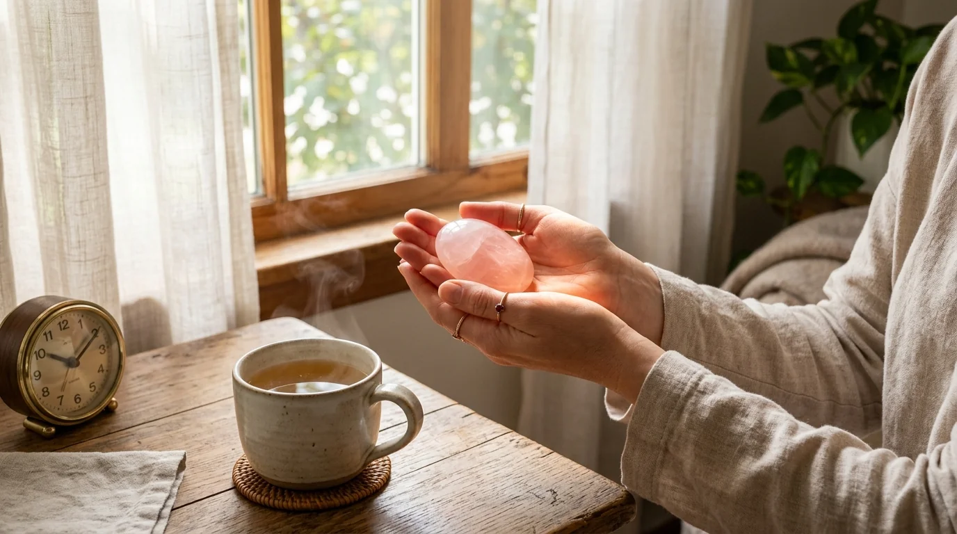 Mains tenant une pierre de quartz rose près d’une fenêtre ensoleillée avec une tasse de thé et une pendule